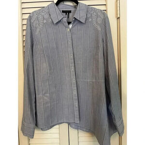 Donna Karan Striped Embroidered Button-Down Asymmetrical Shirt - Size Large